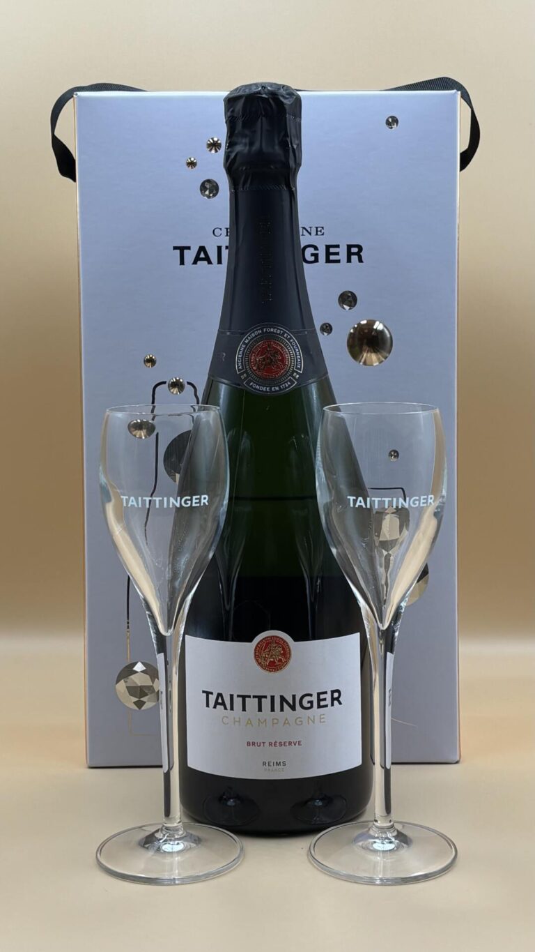 Frankrig Champagne Reims Chardonnay Pinot Meunier Mousserende vin Taittinger Champagne Brut Réserve Reims med 2 glas i gaveæske