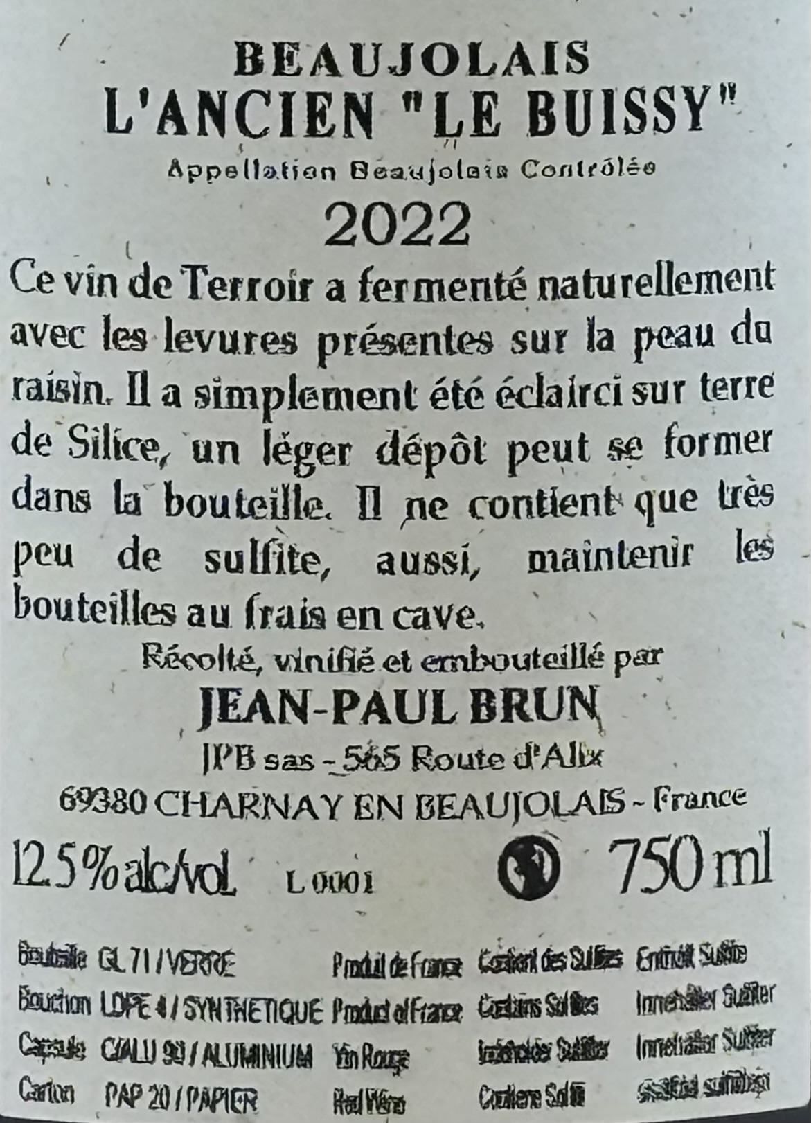Frankrig Beaujolais Charnay Gamay Rødvin Jean Paul Brun L'Ancien Le Buissy Beaujolais