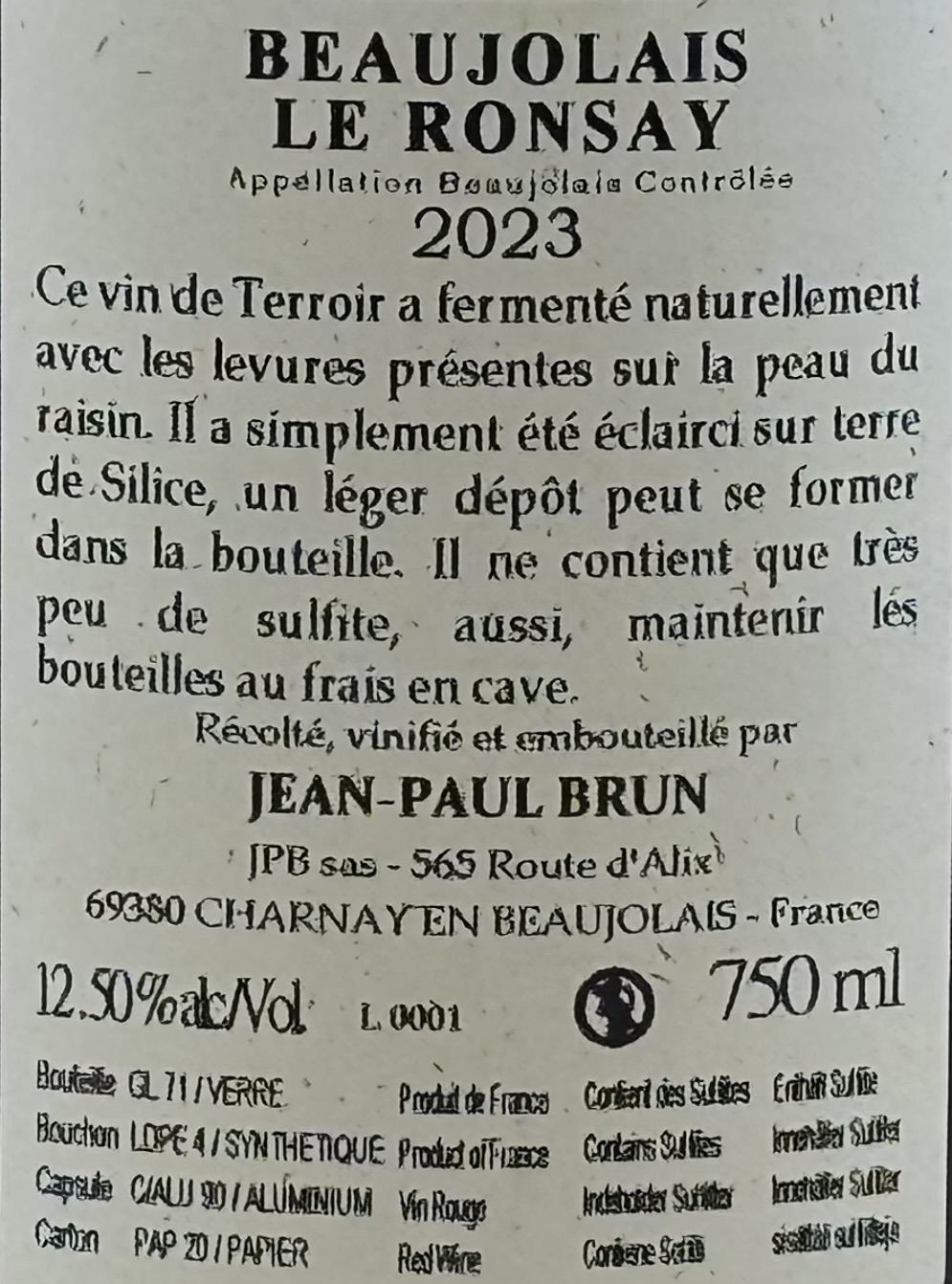 Frankrig Beaujolais Charnay Gamay Rødvin Jean Paul Brun Le Ronsay Beaujolai